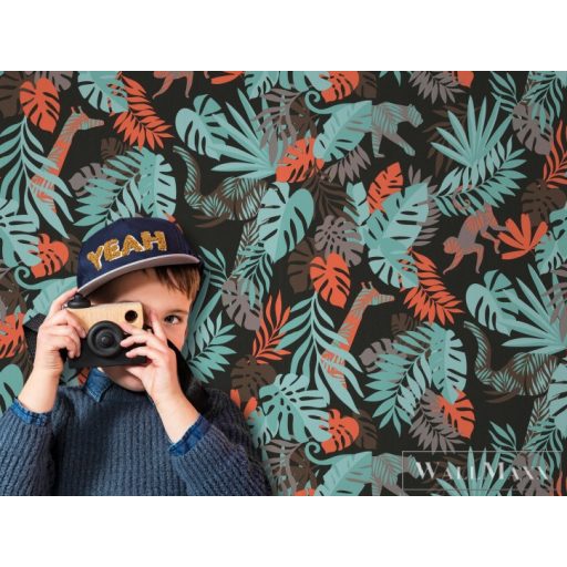 BN WALLS SmallTalk 219304 fekete-türkiz levél mintás trópusi tapéta