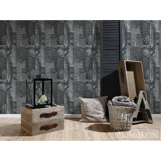 AS CREATION 2528-45 sötétben világító felhőkarcoló mintás tapéta