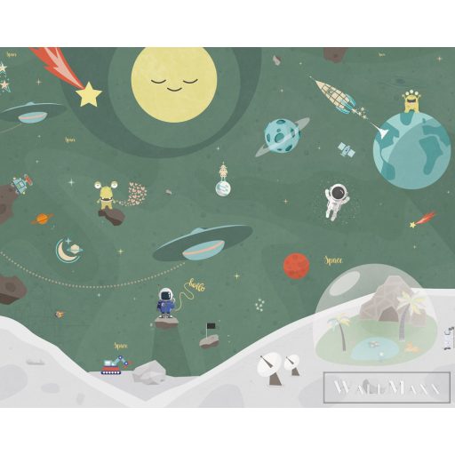 BN WALLS SmallTalk 30805 zöld, szürke Űrhajós mintás Gyerek vlies digitális panel