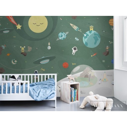BN WALLS SmallTalk 30805 zöld, szürke Űrhajós mintás Gyerek vlies digitális panel