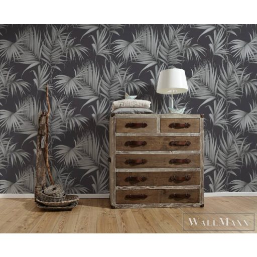 AS CREATION Black is Beautiful 36505-3 sötét levél mintás grafikus tapéta