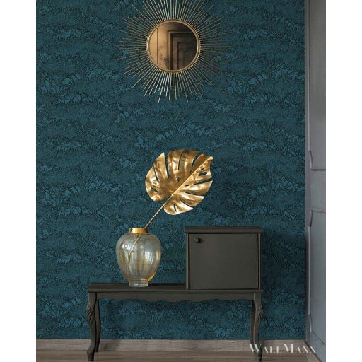 AS CREATION 36972-6 türkizkék háttér-fekete kontraszt_növény minta