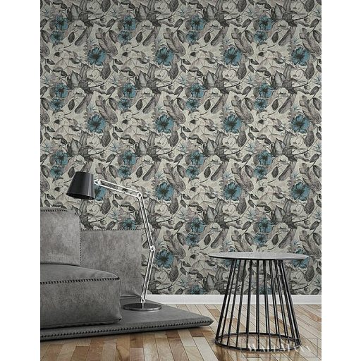 AS CREATION 37216-2 kék virágos grafikai satírozott hatású virágmintás tapéta