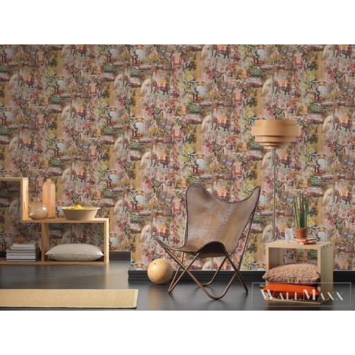 AS CREATION Dream Flowery 38173-4 sárga színes indiai életkép tapéta elefánt páva motívum