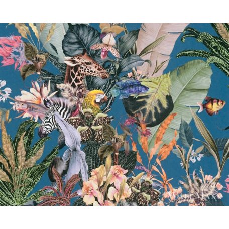 AS CREATION Dream Flowery 38176-4 kék afrika motívumos tapéta dzsungel zebra papagáj halak