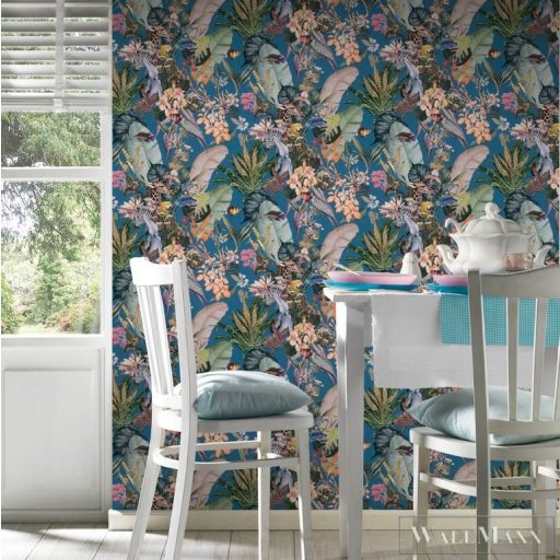 AS CREATION Dream Flowery 38176-4 kék afrika motívumos tapéta dzsungel zebra papagáj halak