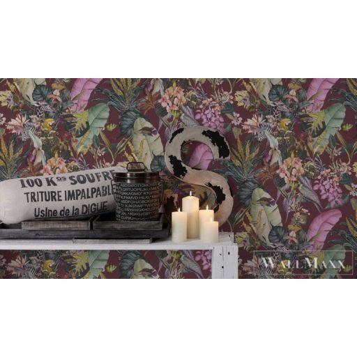 AS CREATION Dream Flowery 38176-5 bordó afrika motívumos tapéta dzsungel zebra papagáj halak