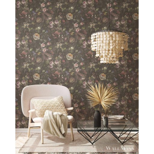 AS CREATION Natural Living 38636-1 fekete virág mintás vidéki tapéta