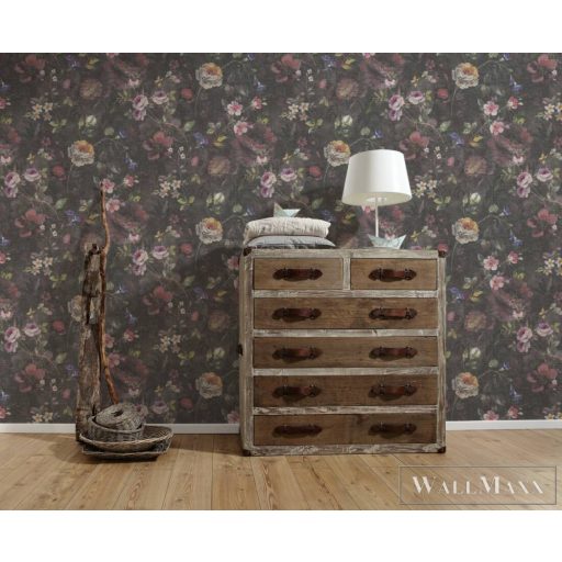 AS CREATION Natural Living 38636-1 fekete virág mintás vidéki tapéta