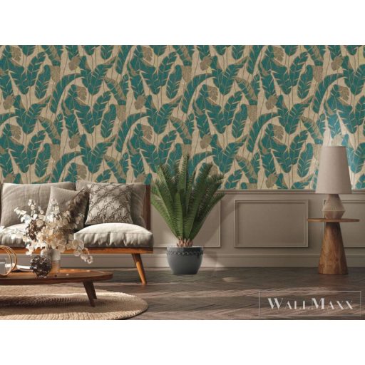 AS CREATION Jade 39502-2 türkiz levél mintás fémhatású tapéta
