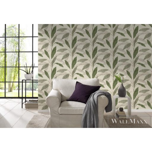 407525 Rasch tapéta szürke-zöld levélmotívum