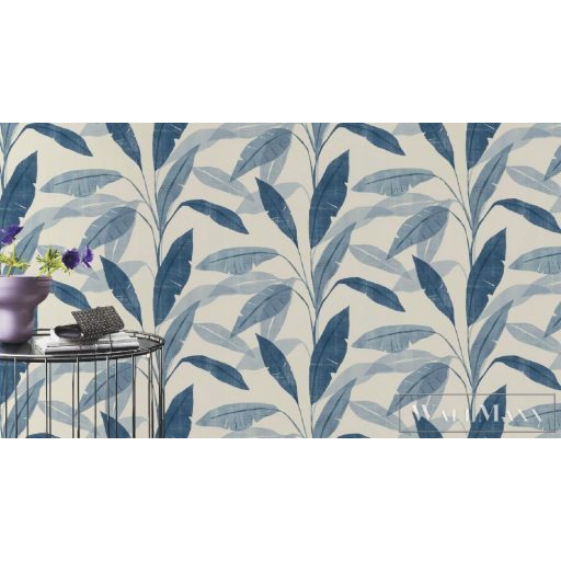 407532 kék-fehér nagy levélmintás tapéta