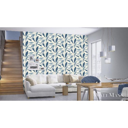 407532 kék-fehér nagy levélmintás tapéta