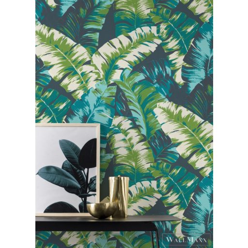 535655 Rasch design levélmintás tapéta, türkíz,zöld,krém