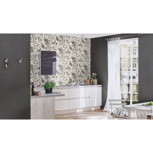 Rasch Club Botanique 537529 fekete Skandináv páva mintás tapéta