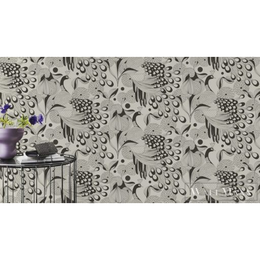 Rasch Club Botanique 537529 fekete Skandináv páva mintás tapéta