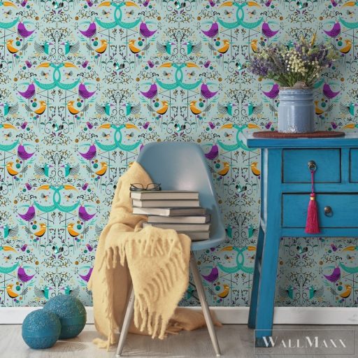 ICH La Tapicera WP182081 világoskék vagány madár mintás grafikai tapéta