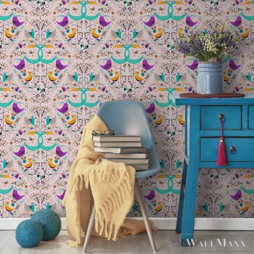 ICH La Tapicera WP182082 rózsaszín vagány madár mintás grafikai tapéta