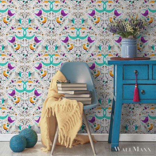 ICH La Tapicera WP182083 ezüst vagány madár mintás grafikai tapéta