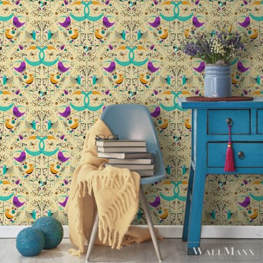 ICH La Tapicera WP182084 sárga vagány madár mintás grafikai tapéta