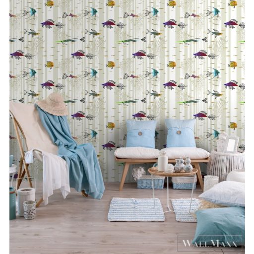 ICH La Tapicera WP182091 fehér csíkos halas grafikai tapéta