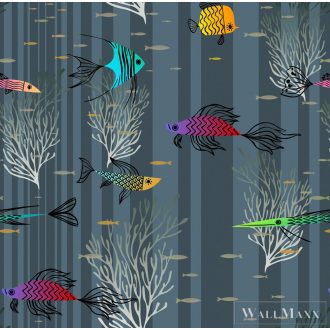   ICH La Tapicera WP182092 sötétkék csíkos halas grafikai tapéta