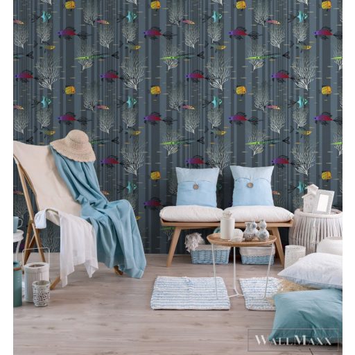 ICH La Tapicera WP182092 sötétkék csíkos halas grafikai tapéta