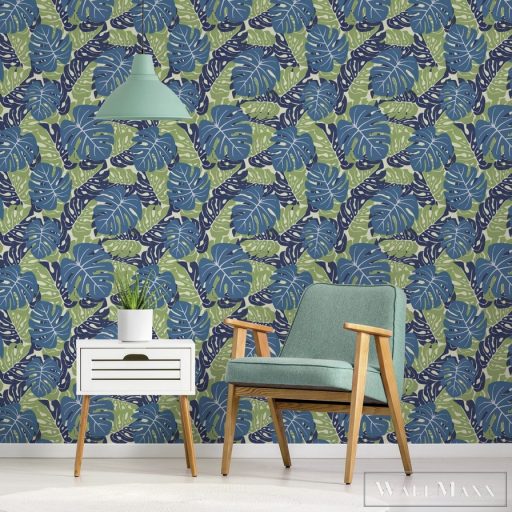 ICH La Tapicera WP192112 kék filodendron mintás grafikai tapéta